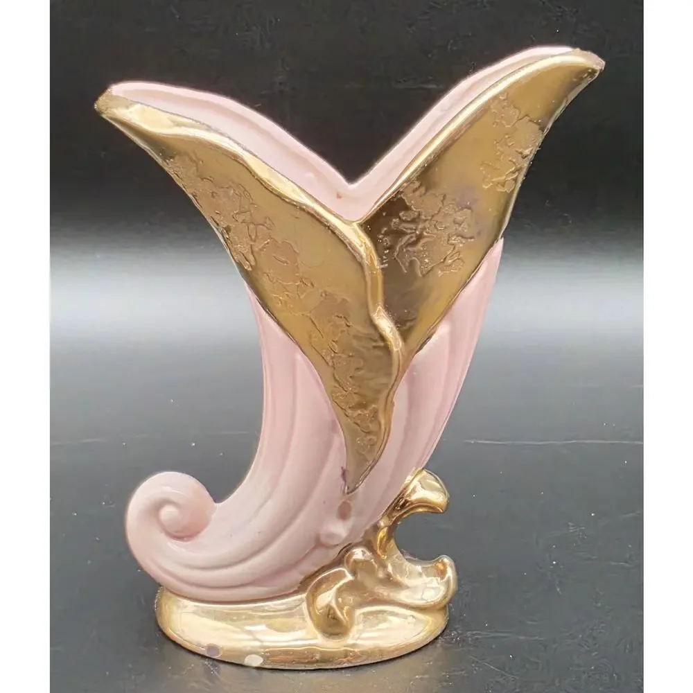 VTG Savoy China Pink & 24K Gold Cornucopia Horn Vase 6.125